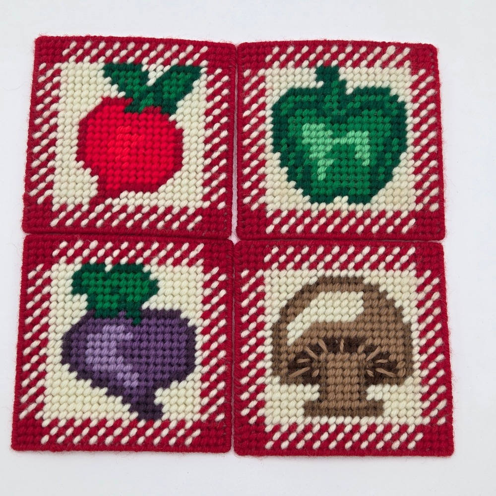 Handmade Needlepoint Plastic Canvas Coasters Veggie 4 piece Set Vintage Mushroom